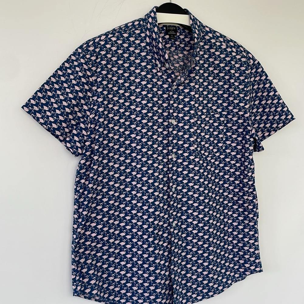 J. Crew Blue and Pink Flamingo Casual Flex Washed Slim Button Down Shirt XL